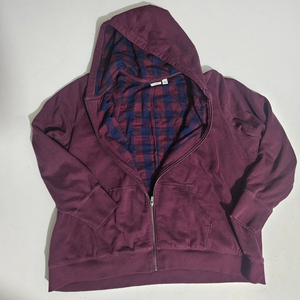 LL Bean Mens 3X Plus Flannel Lined Full Zip Hoodie Burgundy Plaid Hooded Jacket - Picture 5 of 7